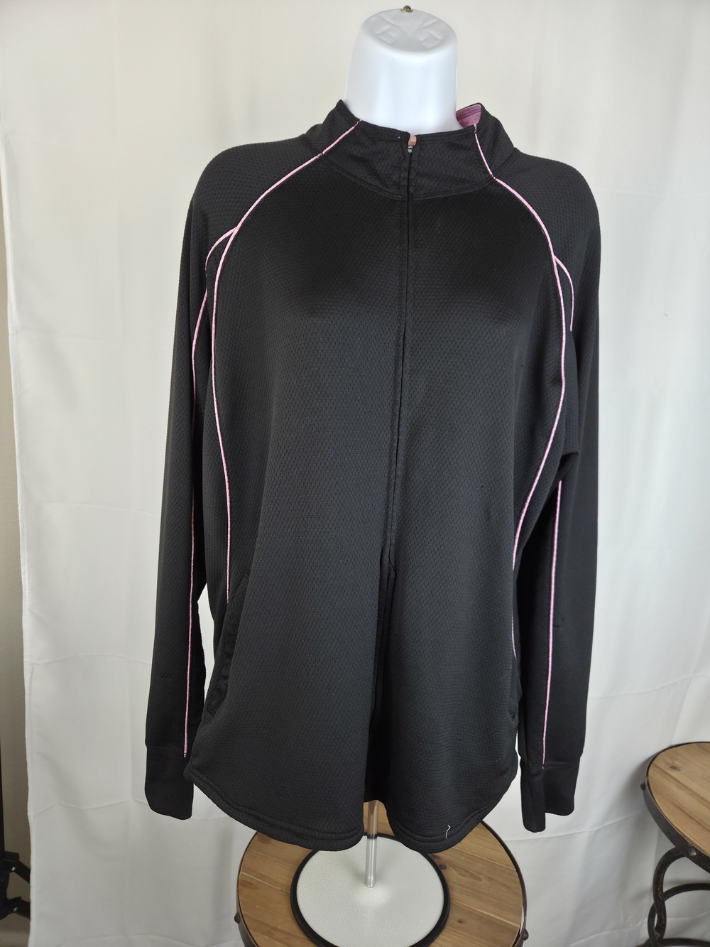 Womens Russell Athletic Black Zip-Front Hoodie with Pink Piping